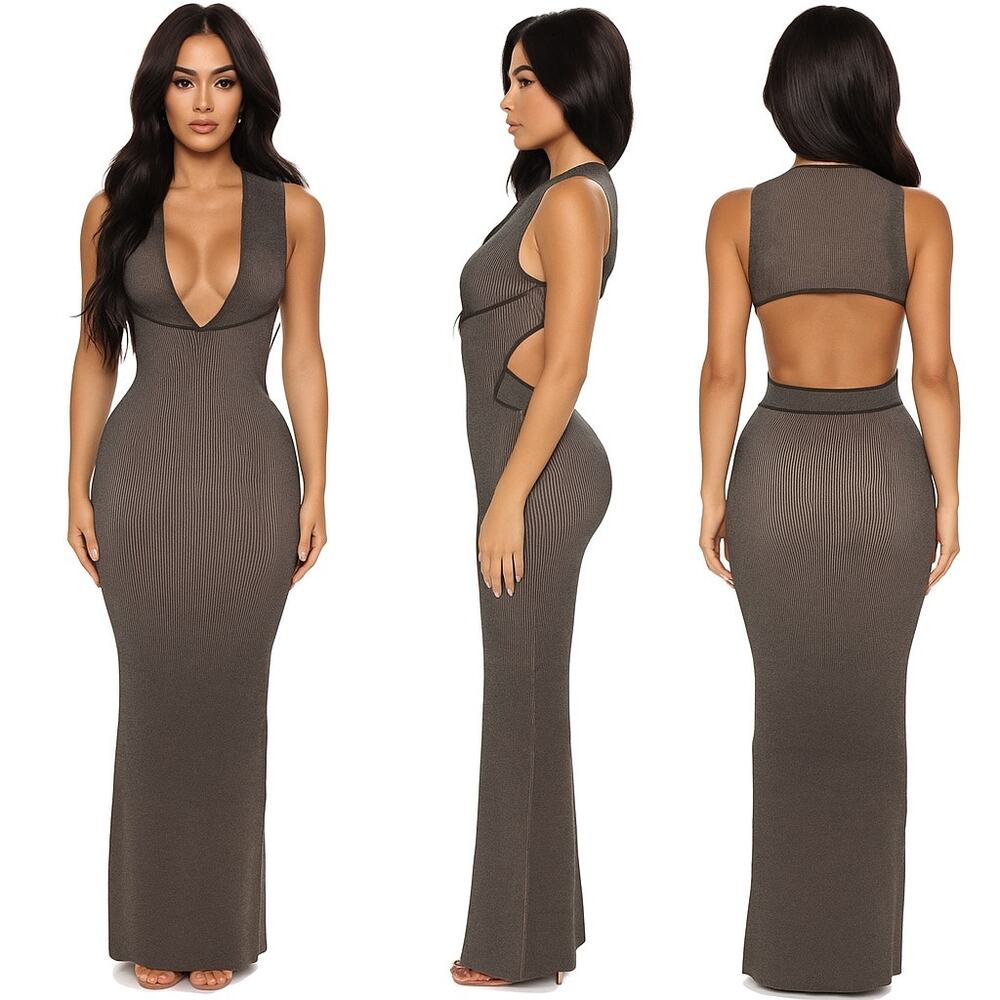 Ronny Kobo Black Quartz Lait Stretch Ribbed Knit Cut-Out Maxi Gown Dress XS